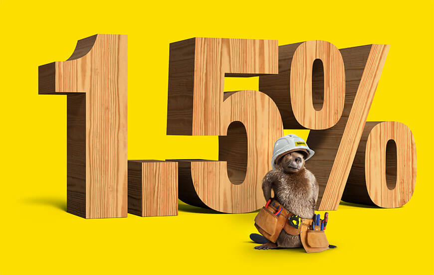 Beaver wearing a hard hat and toolbelt standing in front of 1.5 percent.